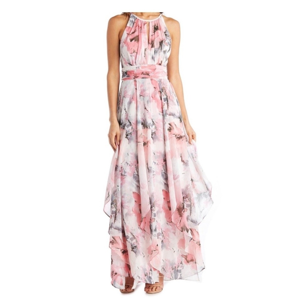 R&M Richards Pink and White Floral Halter Maxi Dress